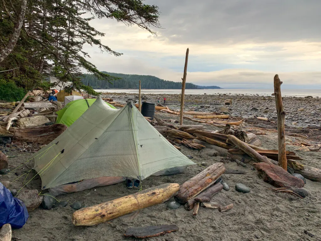 Zpacks triplex non-freestanding tent on the beach on the North Coast Trail