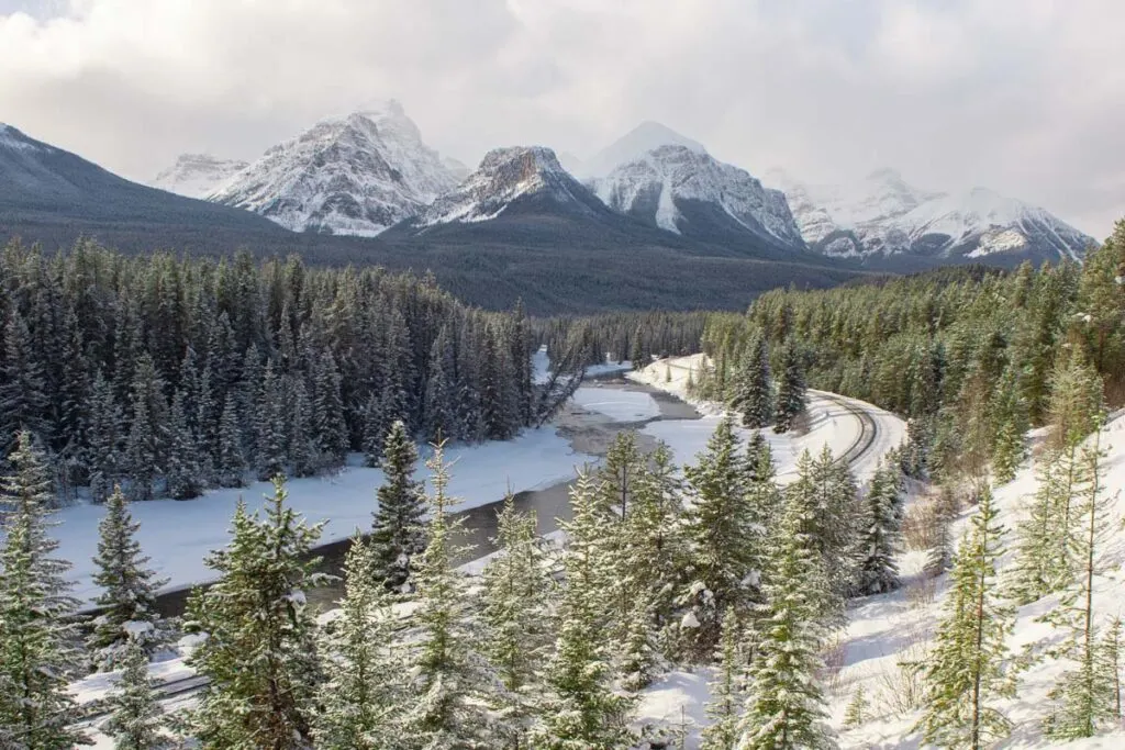 The view of Moran's Curve on the Bow Valley Parkway in winter