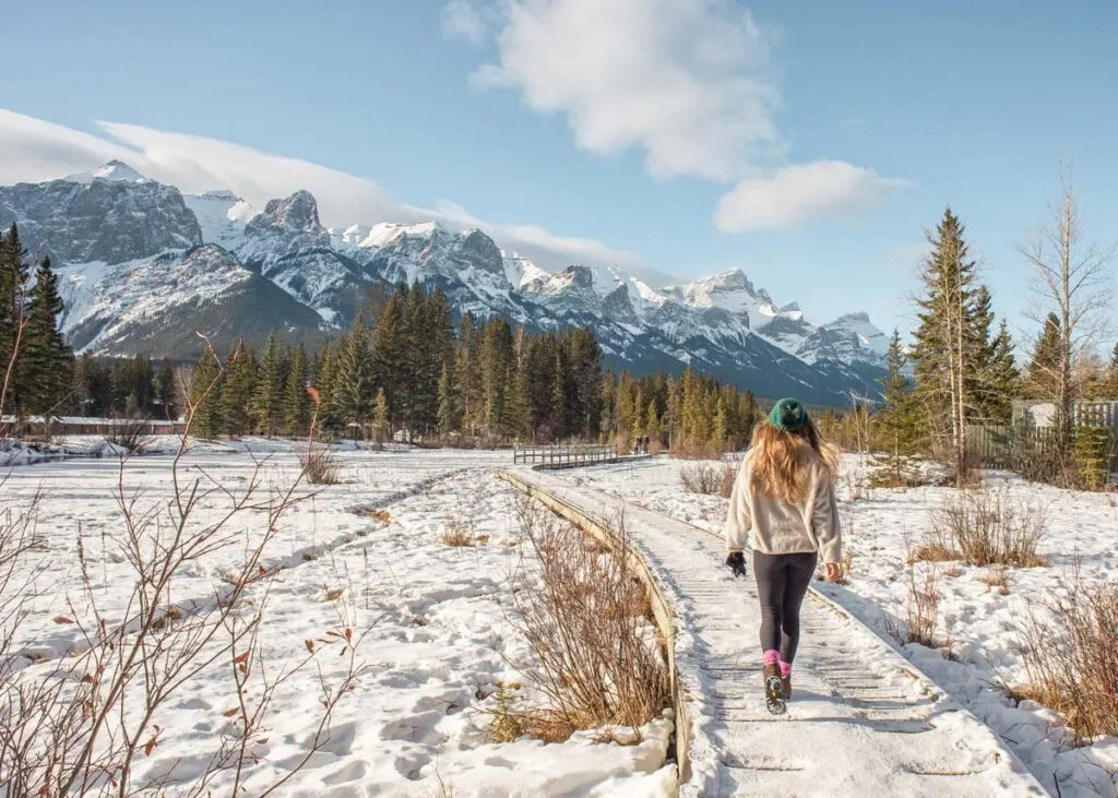 Walking along Policeman's Creek in Canmore in winter