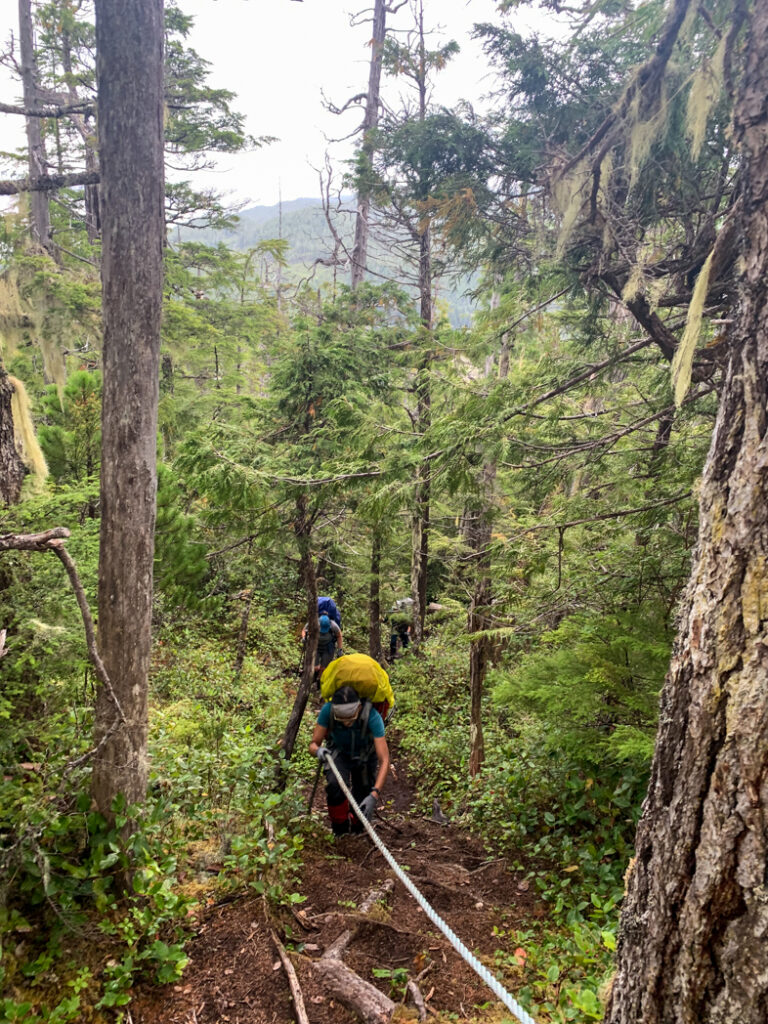 Ascending a steep slope using a rope on the North Coast Trail