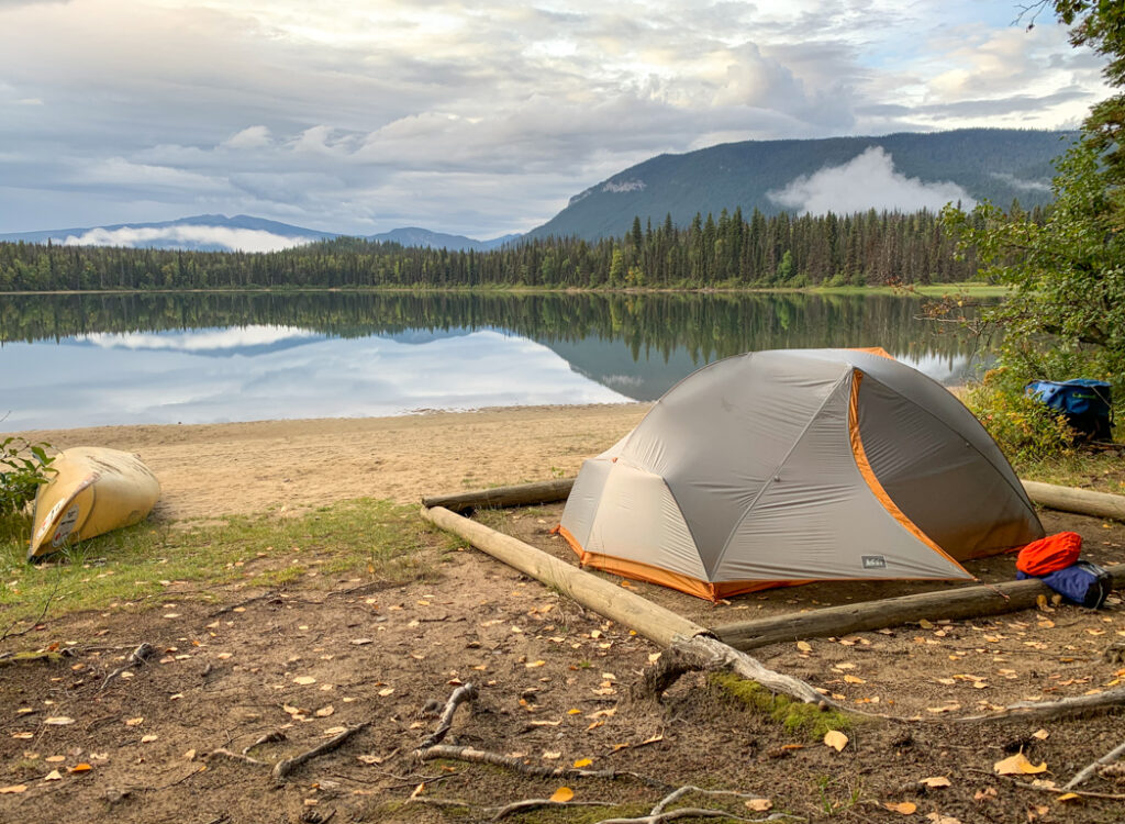 A tent at Unna Lake on the Bowron Lake Canoe Circuit