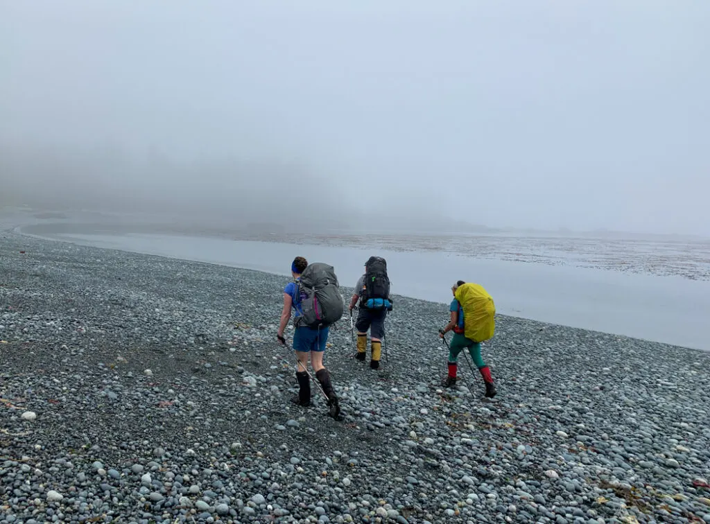 Hikers in the fog on the North Coast Trail