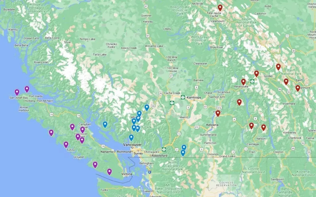 Google map showing the location of the best backpacking trips in BC