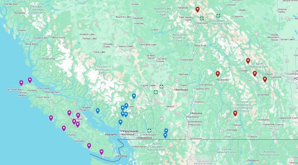 Google maps showing the locations of the best backpacking trips in BC