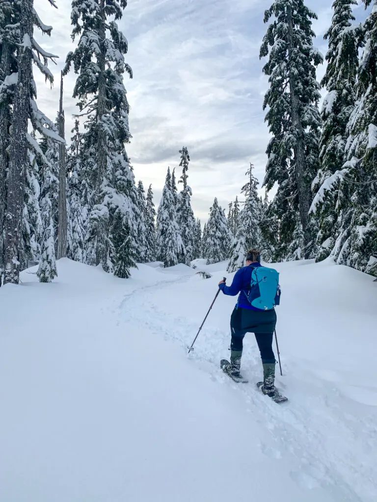 A woman wearing an insulated skirt snowshoes