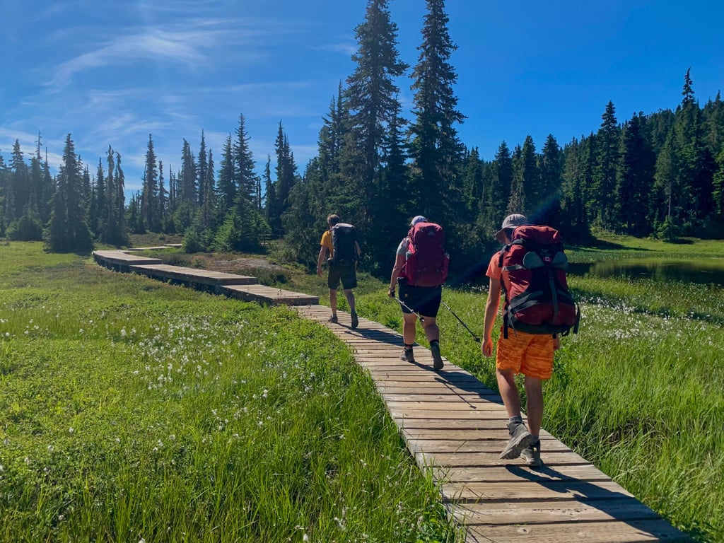 A group of backpackers on the Paradise Meadows Trail in Strathcona Provincial Park