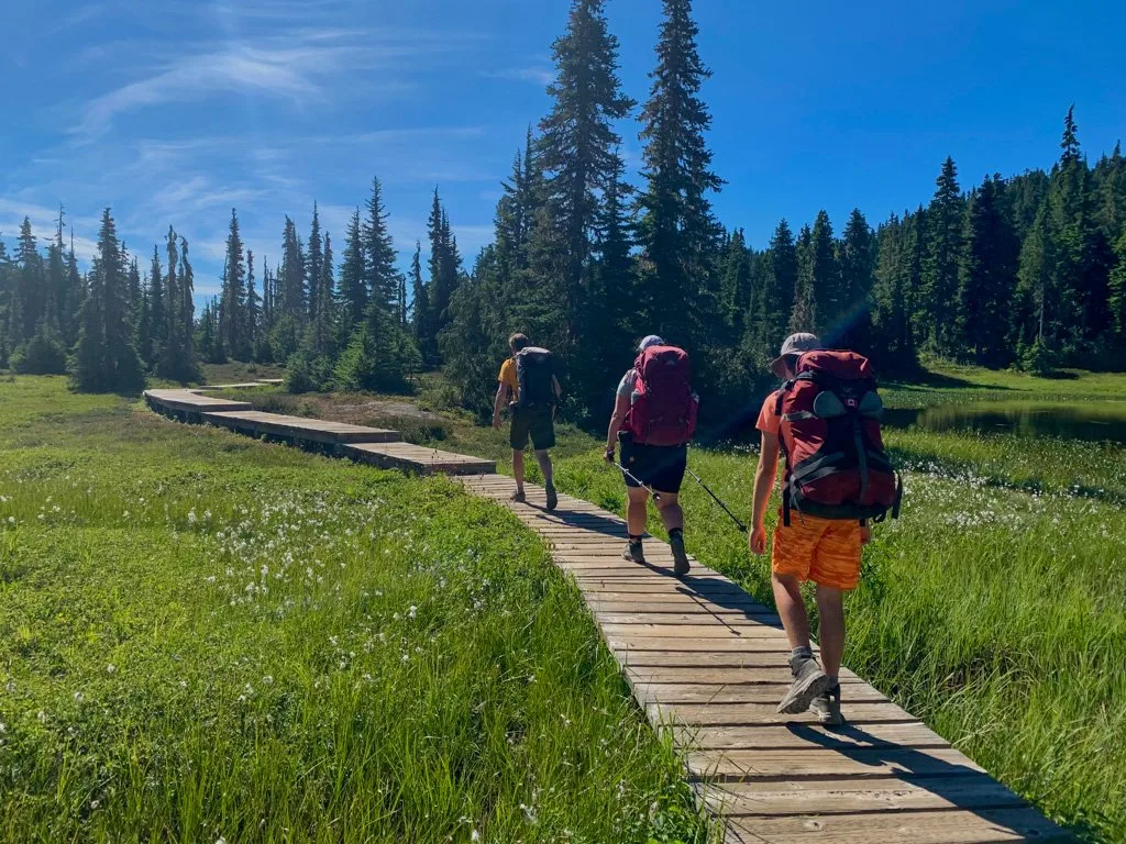 A group of backpackers on the Paradise Meadows Trail in Strathcona Provincial Park