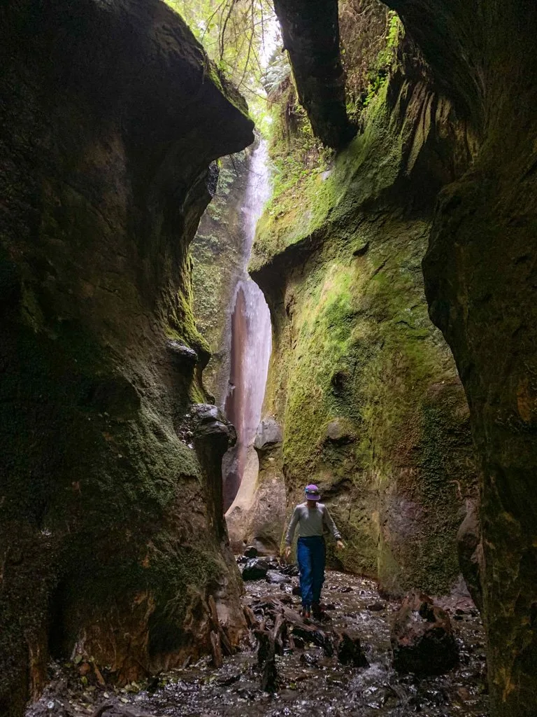 A hiker explores the hidden waterfall at Sombrio Beach