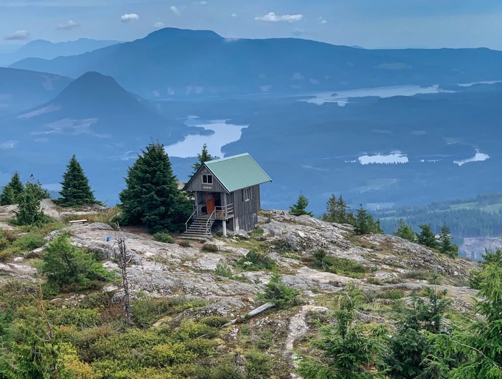 Tin Hat Hut on the Sunshine Coast Trail. One of the most picturesque backcountry huts in British Columbia