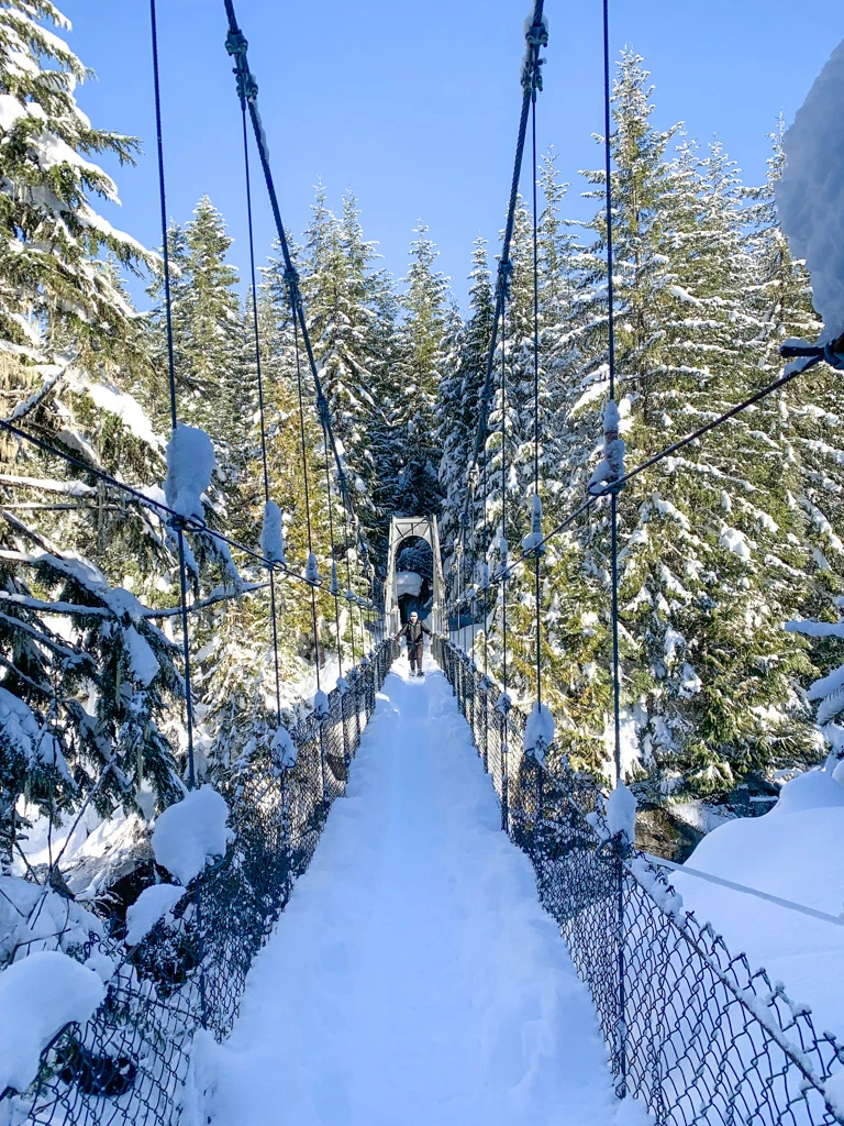 Snowshoeing on the Cheakamus River Trail supsension bridge