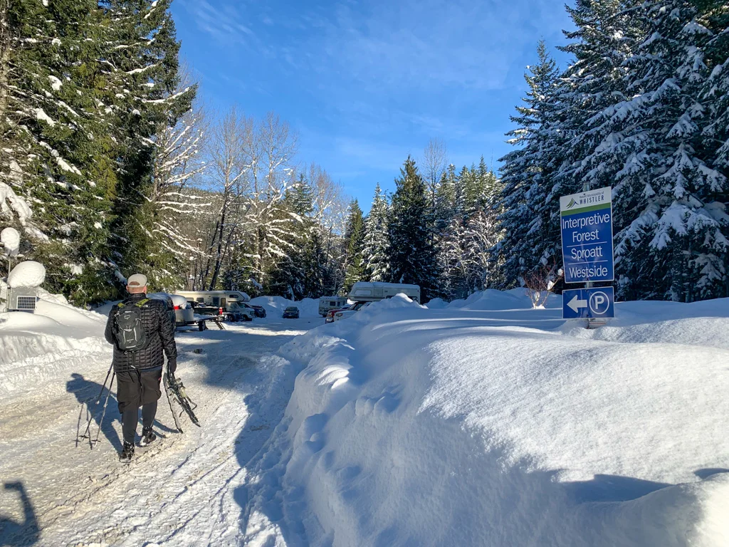 Entrance to the Whistler Interpretive Forest Parking lot for the Cheakamus Lake Snowshoe Trail