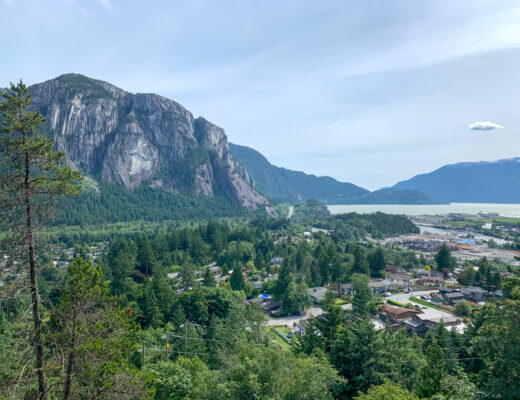 View of the Stawamus Chief in Squamish, one of the best small towns in Canada for outdoor adventures