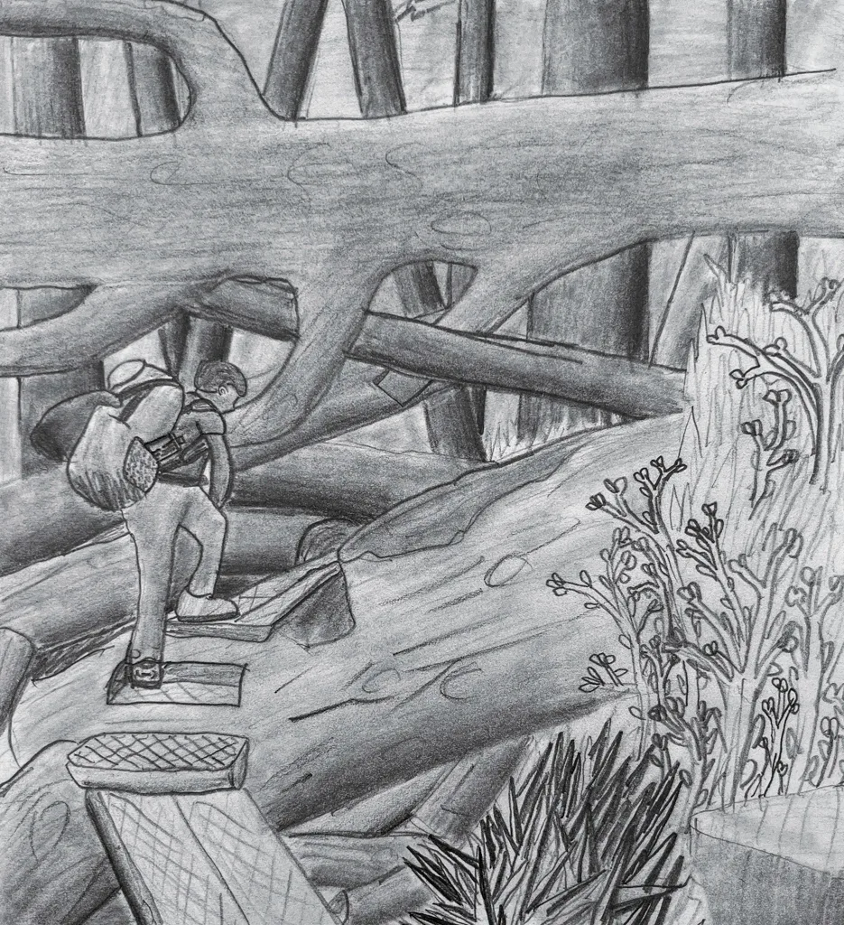 A drawing of a hiker on the West Coast Trail by a 12 year old artist
