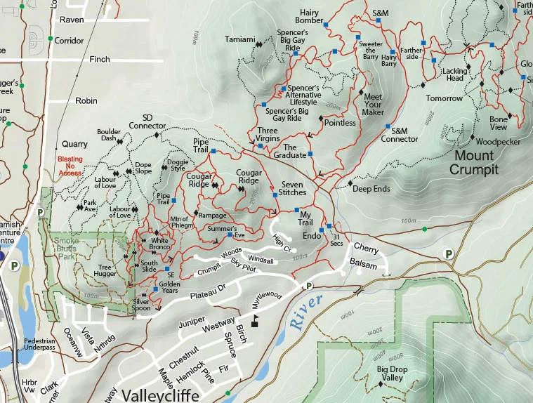 Squamish trail map with a close-up view of the Mount Crumpt trail