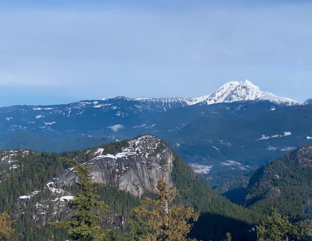 View of the Stawamus Chief and Mount Garibaldi (Nch'kay) from the Panorama Trail at the Sea to Sky Gondola