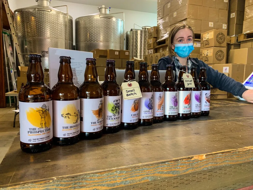 Bottles of cider on display at The BX Press Cidery in Vernon, BC