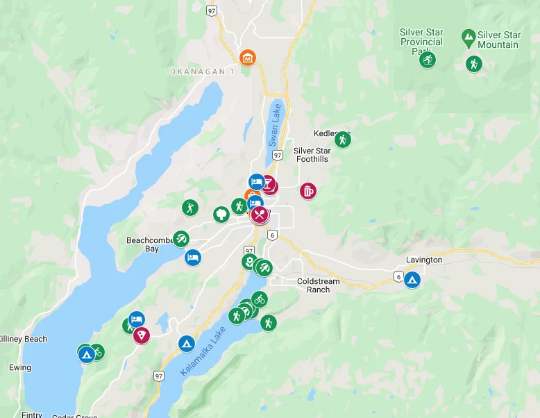 A custom google map of Vernon showing all the best things to do in Vernon, bC