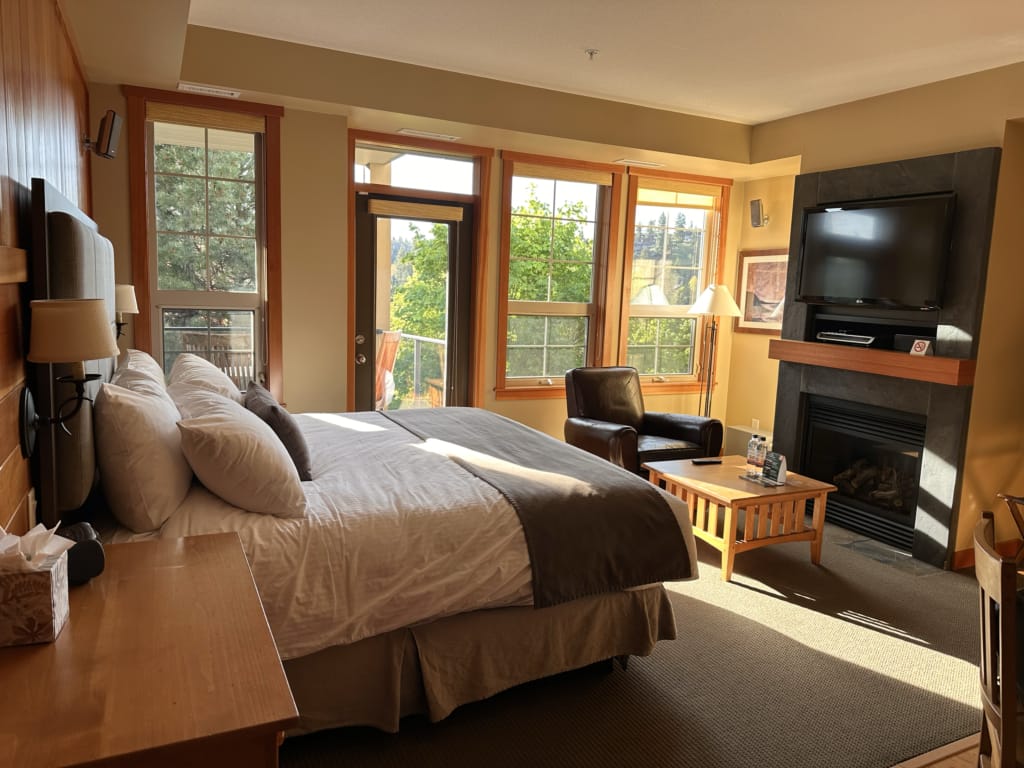 A studio suite at Predator Ridge in Vernon. The kitchen is just out of frame to the right. 