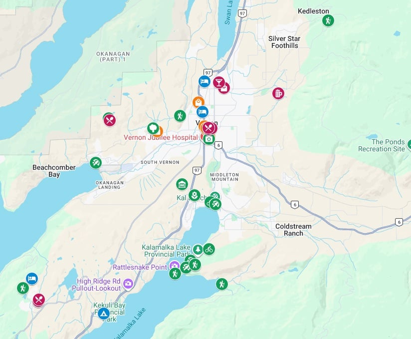 Google Map of things to do in Vernon, BC