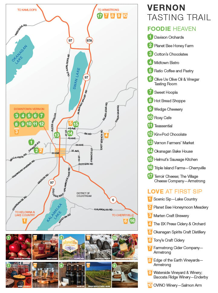 Map of the Vernon Tasting Trail, a collection of wineries, orchards, farms, shops, and cafes in Vernon.