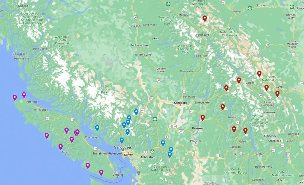 Google Map showing all the locations of the best backpacking trips in BC