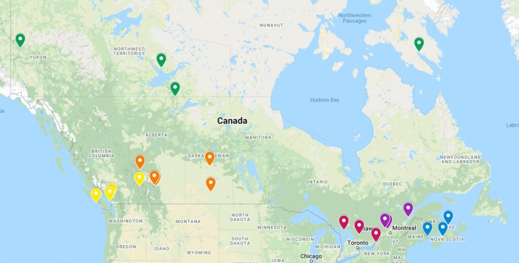 Canadian outdoor adventure towns Google Map
