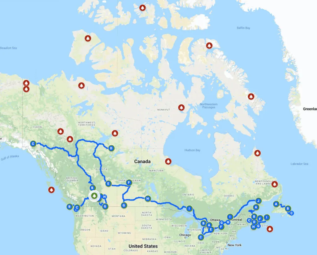 Canadian National Parks Road Trip Google Map