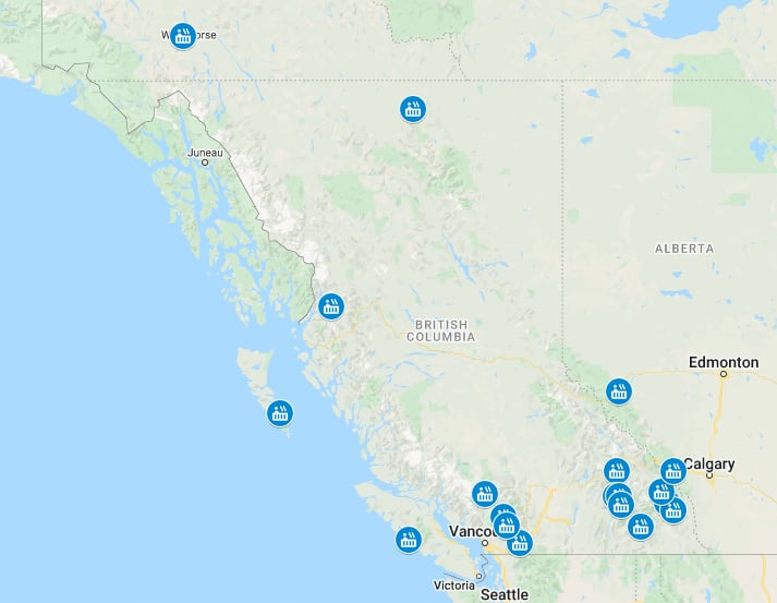 Hot springs in Canada Google Map
