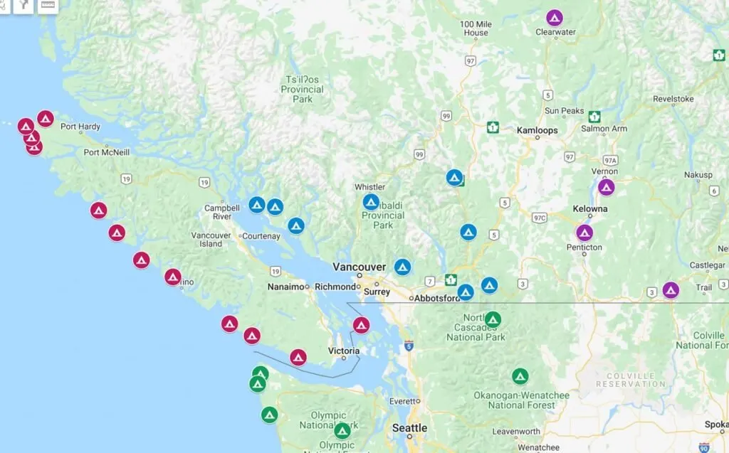 Spring Backpacking Trips in British Columbia Google Map