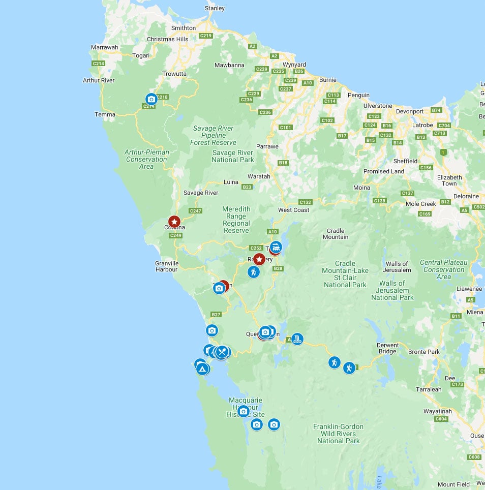 Strahan and Tasmania's West Coast Google Map