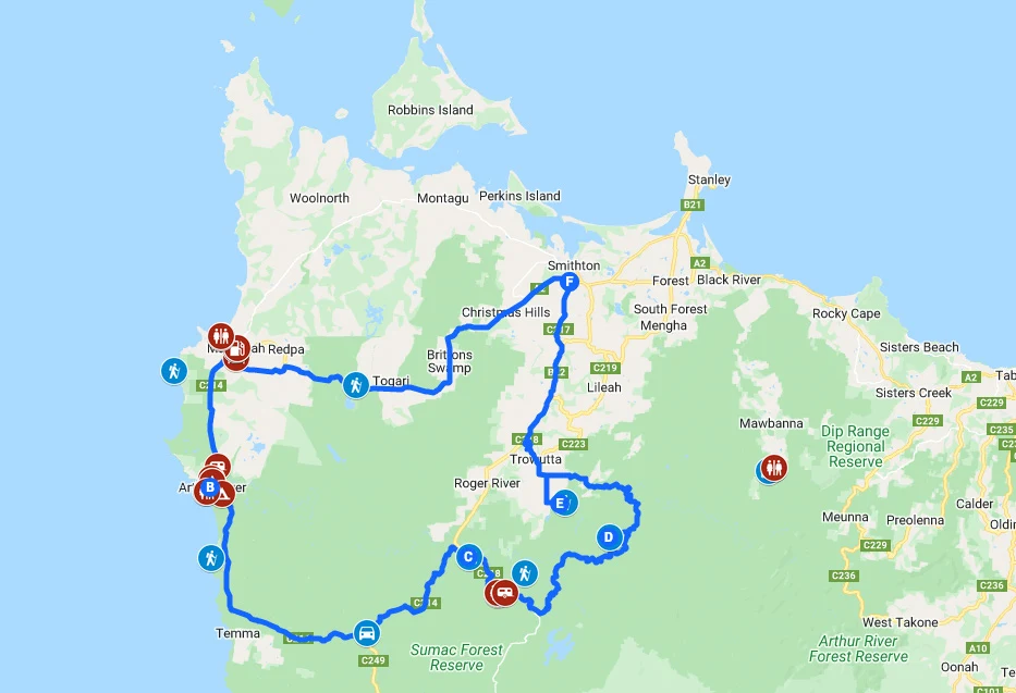 Tarkine Drive in Tasmania Google Map