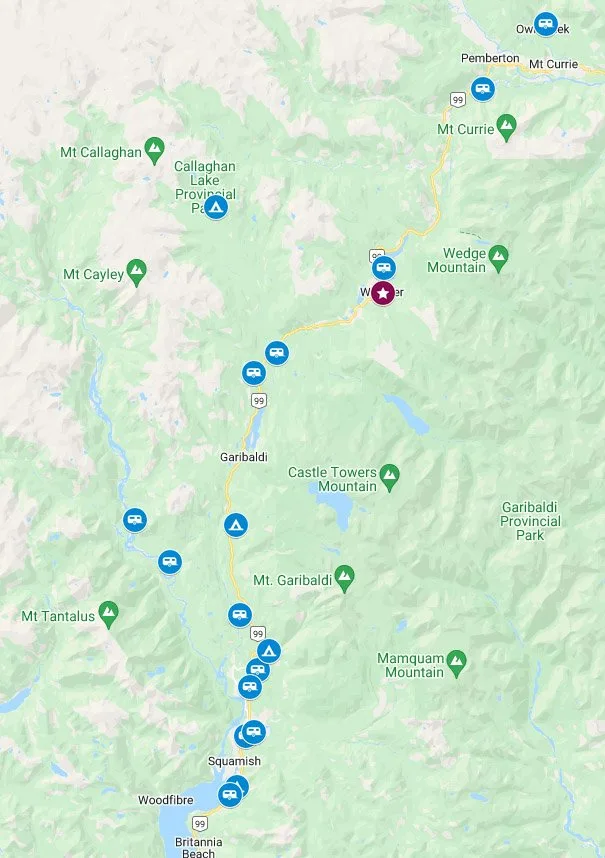 Whistler camping locations Google Map