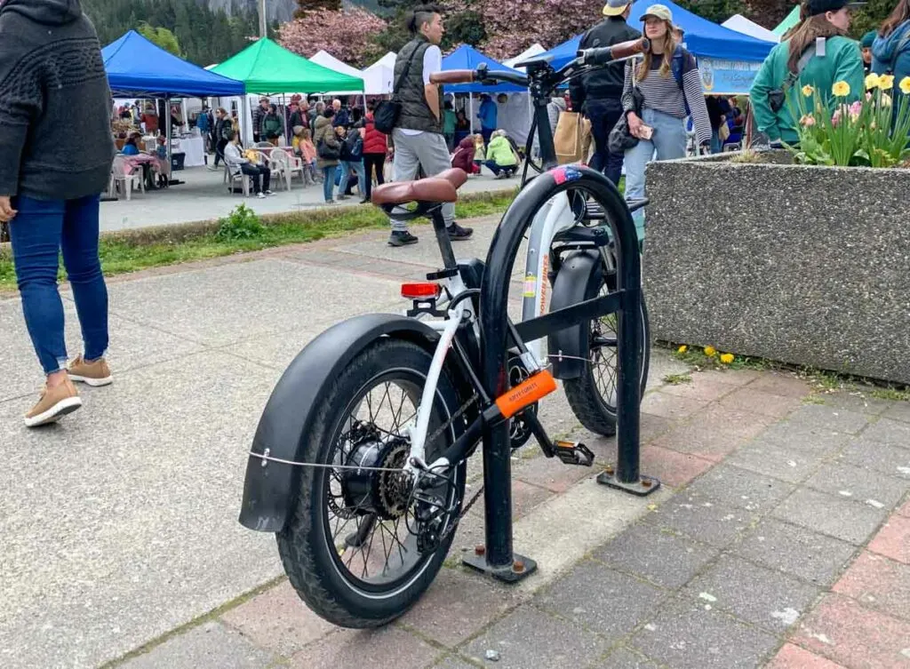 Rad Power bike locked up at a bike rack