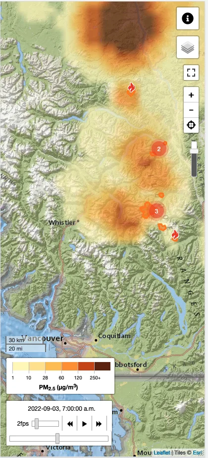 Screenshot from FireSmoke.ca showing smoke forecasts for hikers