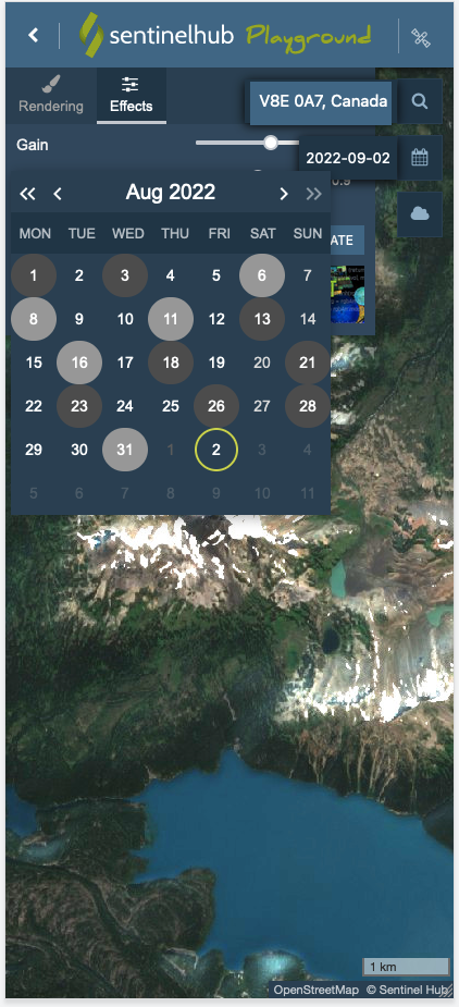 Screenshot from Sentinel Hub Playground showing the dates of the most recent satellite photos