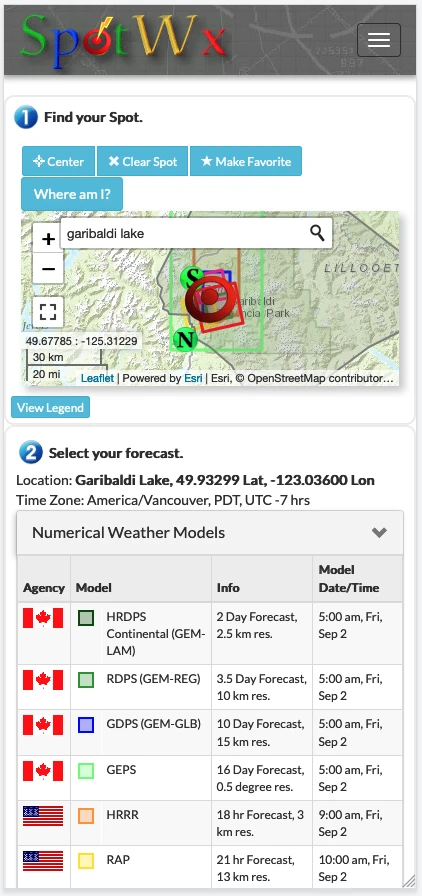 A screen shot of Spotwx, a great weather website for hikers.