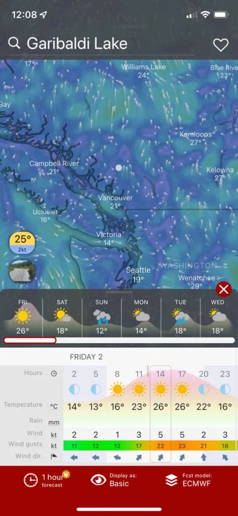 Screenshot from Windy, one of the best weather apps for hikers