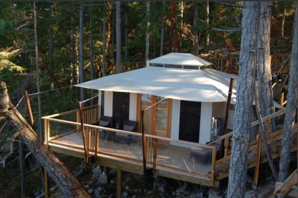 Tent cabin at the Rockwater Secret Cove Resort in Halfmoon Bay on BC's Sunshine Coast near Vancouver
