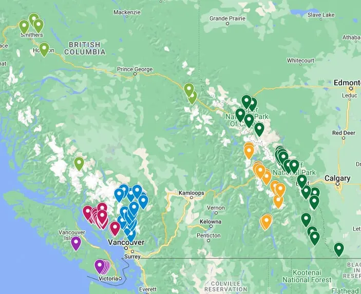 Google map showing the location of over 80 backcountry huts in British Columbia