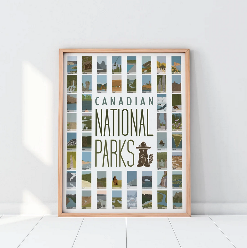 Mosaic poster of Canadian National Parks with a mini image representing each park. By Raspberry Milk on Etsy.