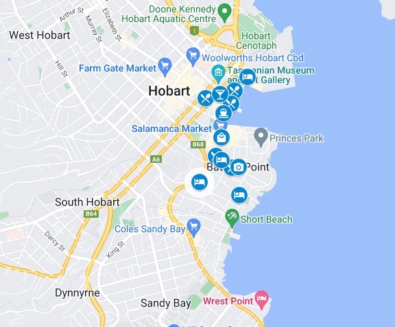 Google map of things to do in Hobart in a weekend