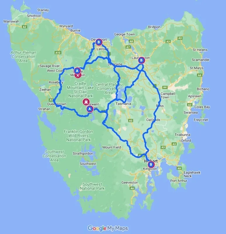 Google map showing Overland Track transport routes between Hobart, Launceston, Devonport, and Cradle Mountain National Park
