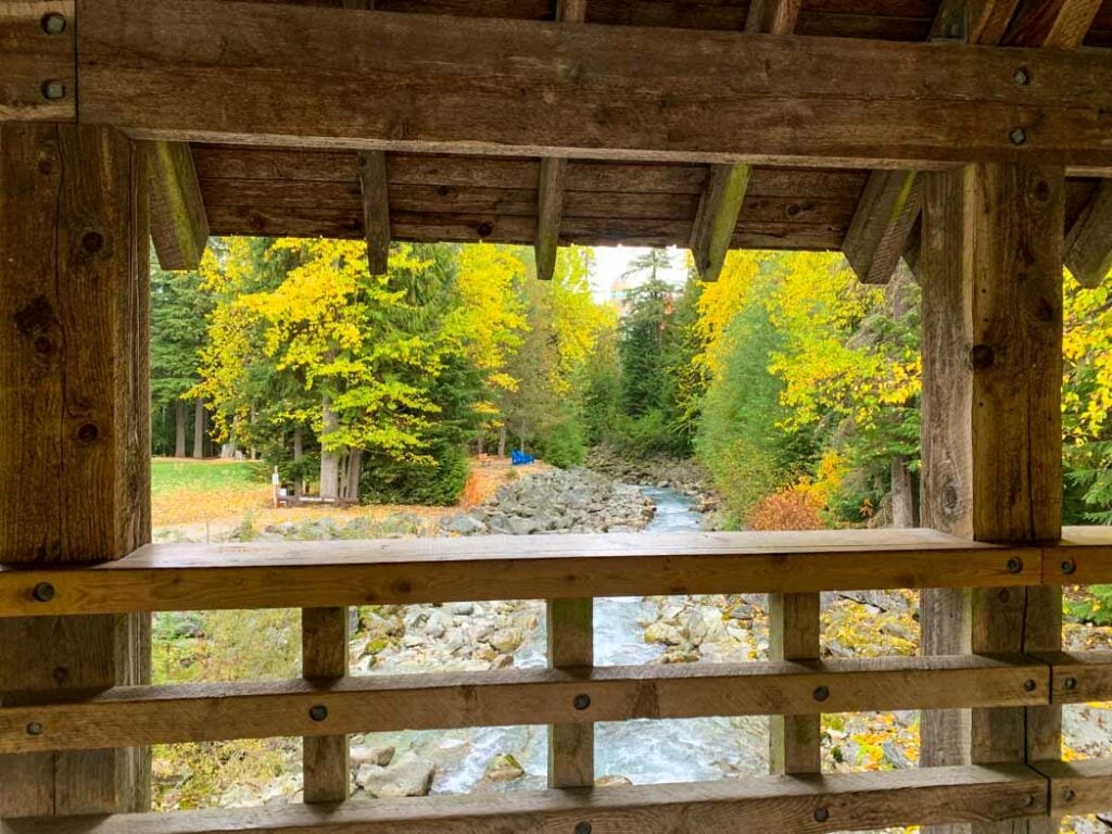 The view from the covered bridge at Rebagliati Park in Whistler. One the best Whistler free things to do.