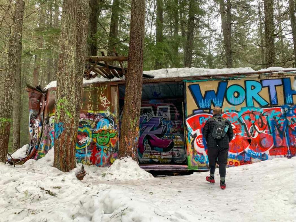 Snowshoeing at Whistler Train Wreck in winter