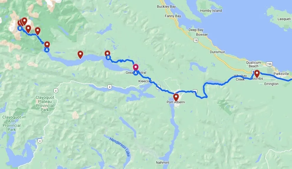 Google map of Della Falls Trail and the route to the trailhead.