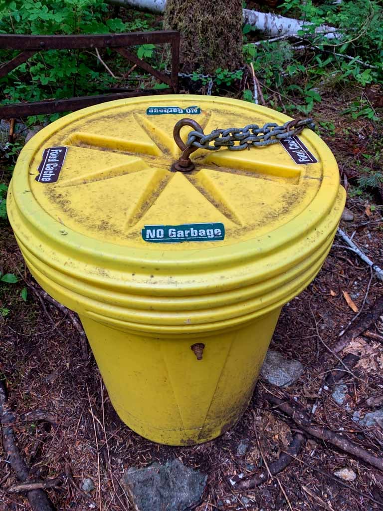 Plastic barrel food cache at Margaret Creek campground
