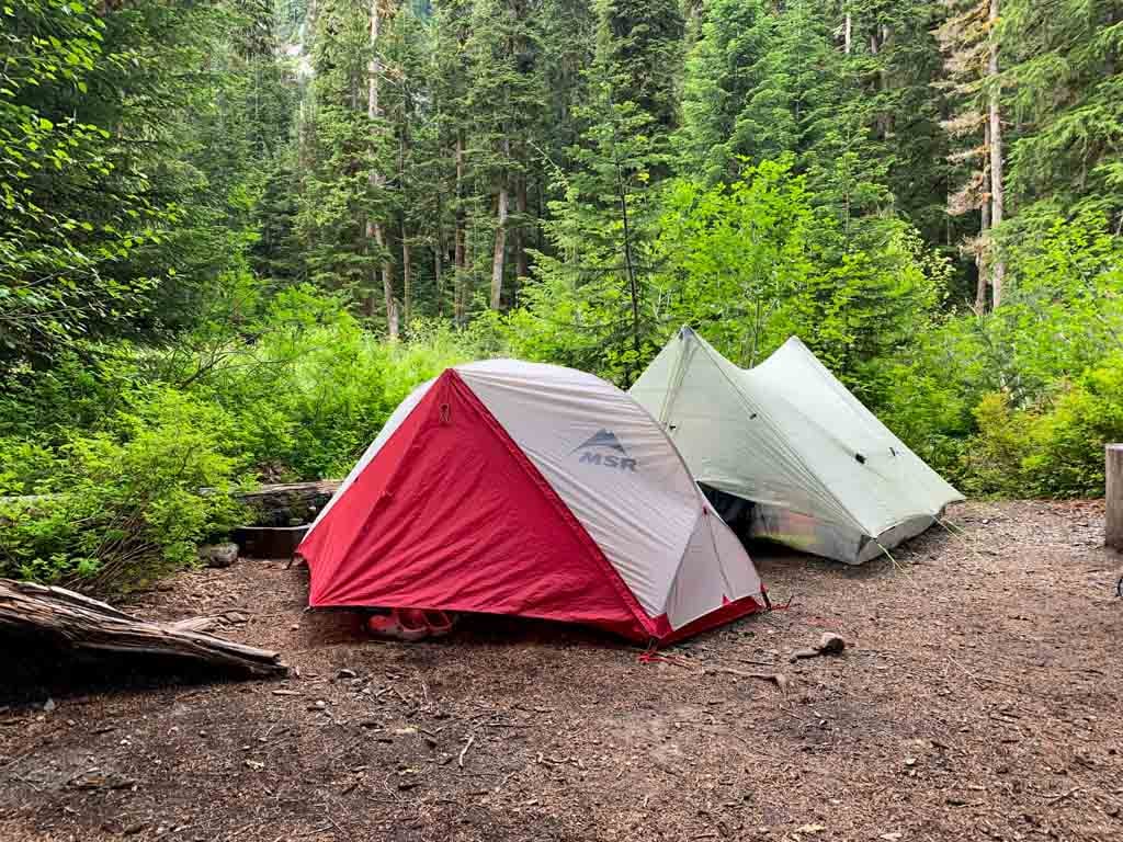 Two backpacking tents at Saw Blades camp on the Della Falls Trail