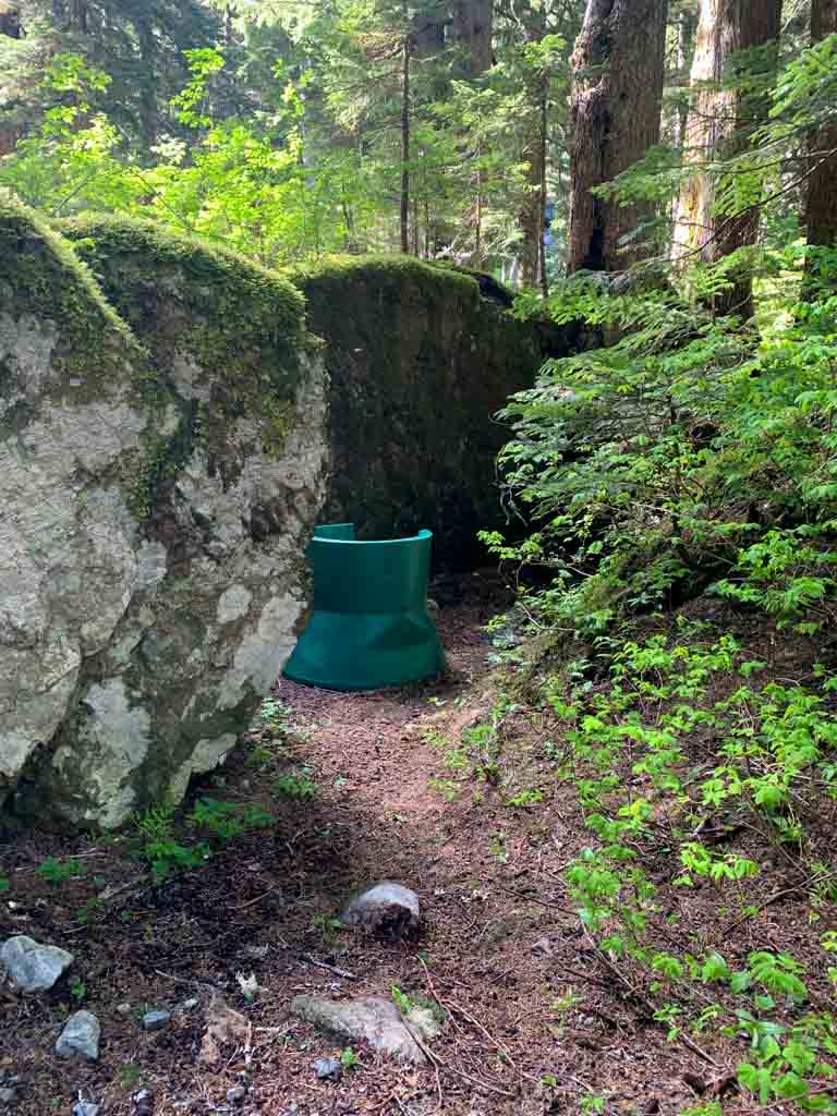 Throne-style toilet at Saw Blades Camp on the Della Falls Trail