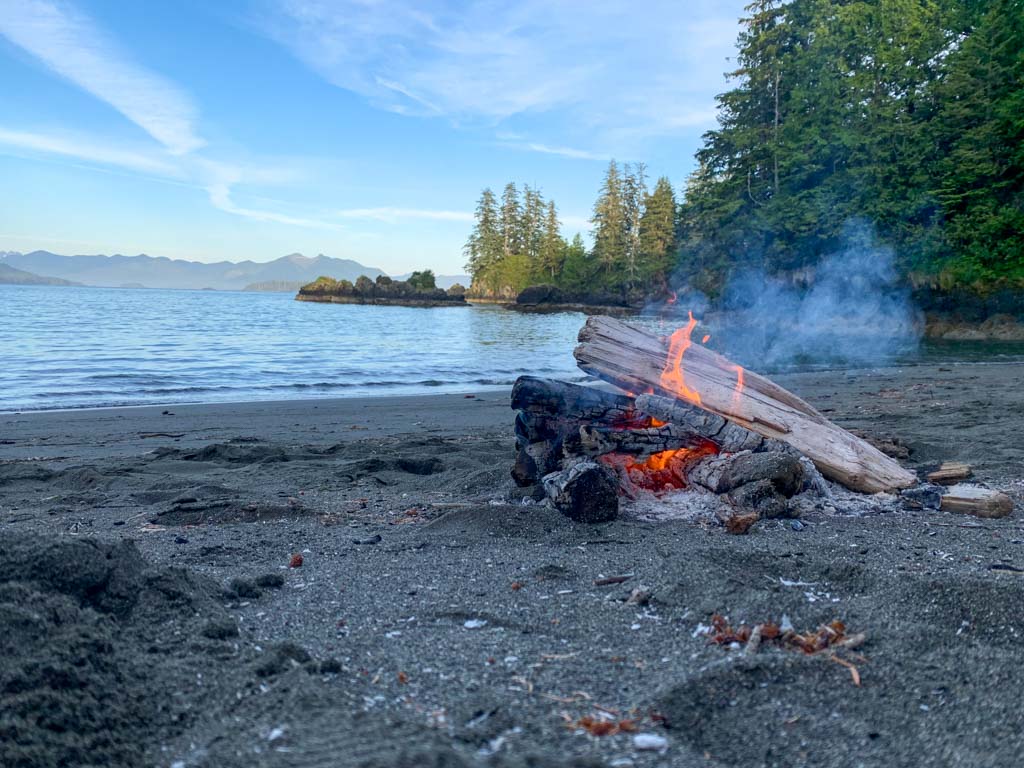 Campfire on the beach at Yellow Bluff Bay on the Tatchu Peninsula