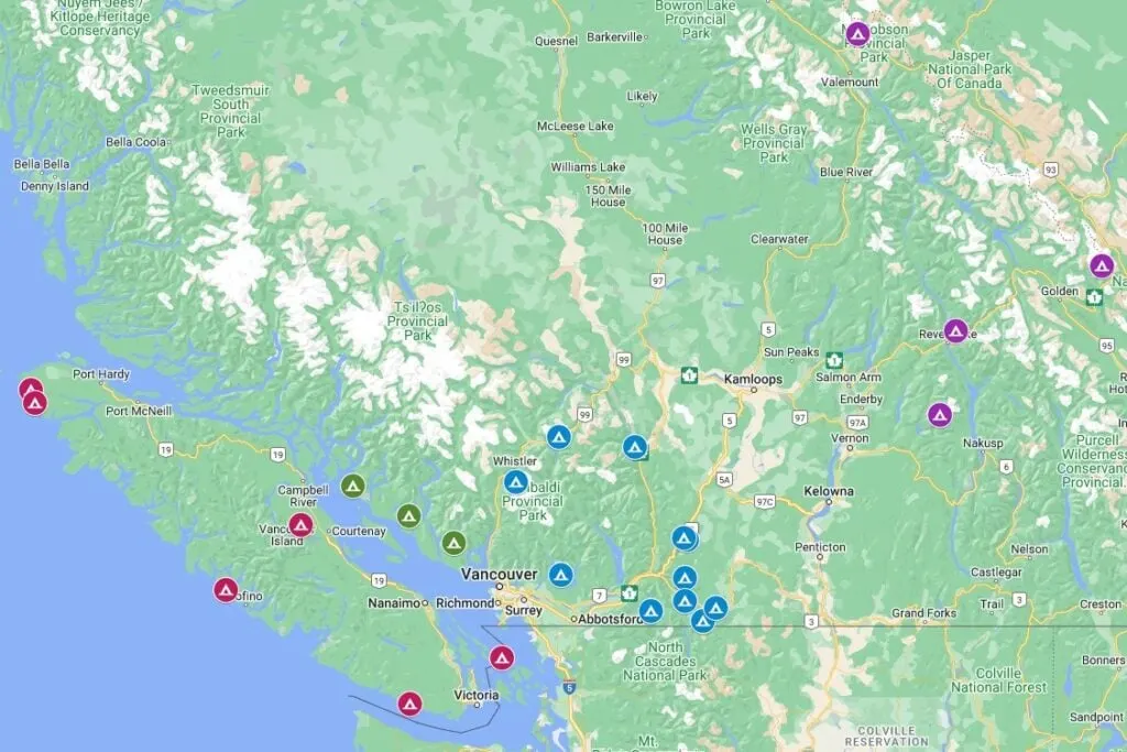 Google maps showing the locations of 24 easy backpacking trips in BC